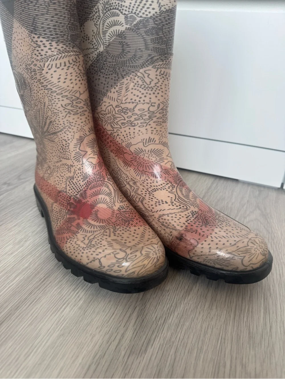 Burberry Beige and Black Patterned Tall Rain Boots